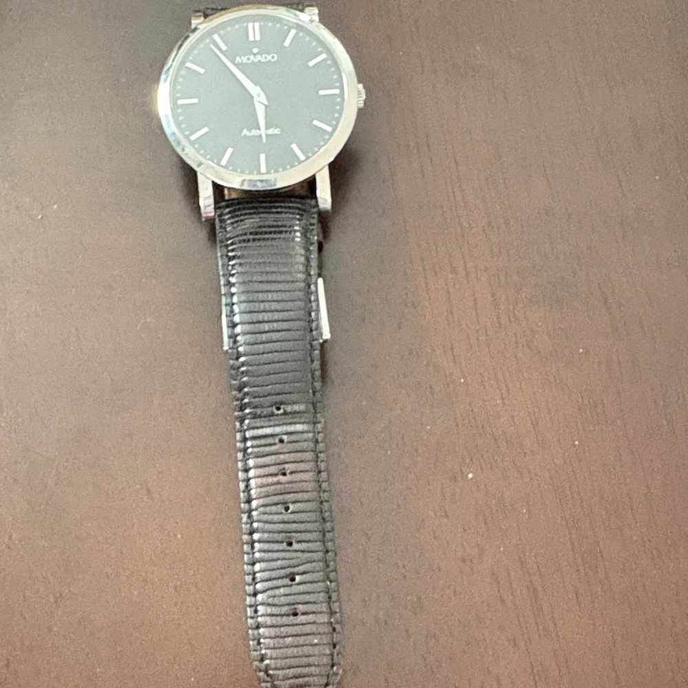 Movado Silver and Black Leather Watch - Picture 4 of 5